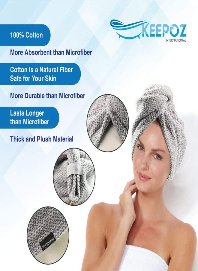 KEEPOZ Hair Towel Wrap Quick Dry 100% Cotton Super Absorbent Turban Head Wrap for Women with Button, Non Microfiber Anti Frizz Hair Cap for Curly, Long & Thick Hair (Grey Check, 2 Pcs) - Image 3